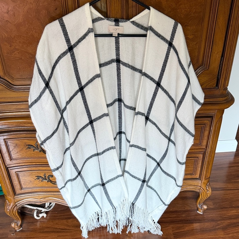 LOFT White Open Front Fringe Poncho with Black Windowpane